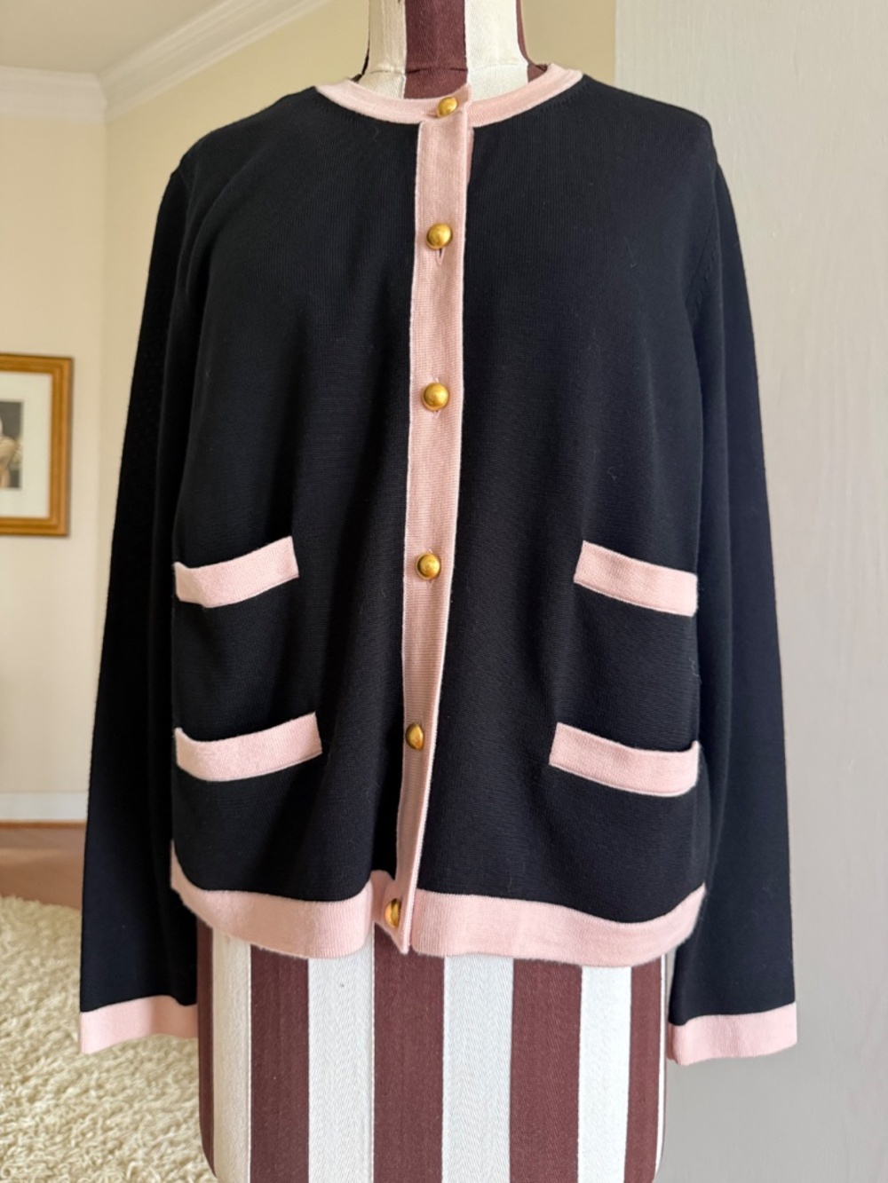 Tory Burch Kendra Merino Wool Knit Cardigan Black/Pink Silk Lining Size L